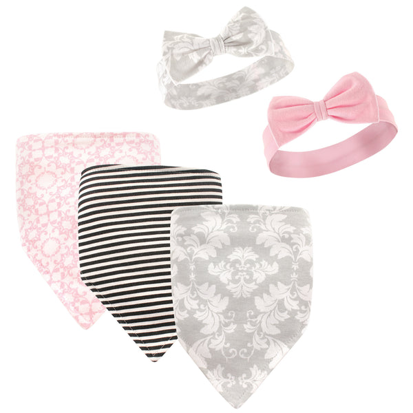 Hudson Baby Infant Girl Cotton Bib and Headband Set 5 Pack, Damask, One Size