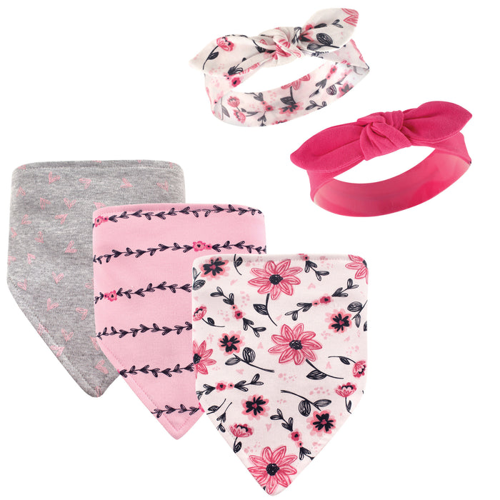 Hudson Baby Infant Girl Cotton Bib and Headband Set 5 Pack, Botanical, One Size