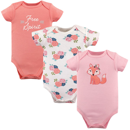 Hudson Baby Infant Girl Cotton Bodysuits 3 Pack, Floral Fox
