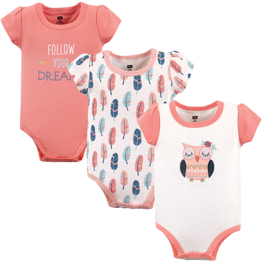Hudson Baby Infant Girl Cotton Bodysuits 3 Pack, Boho Owl