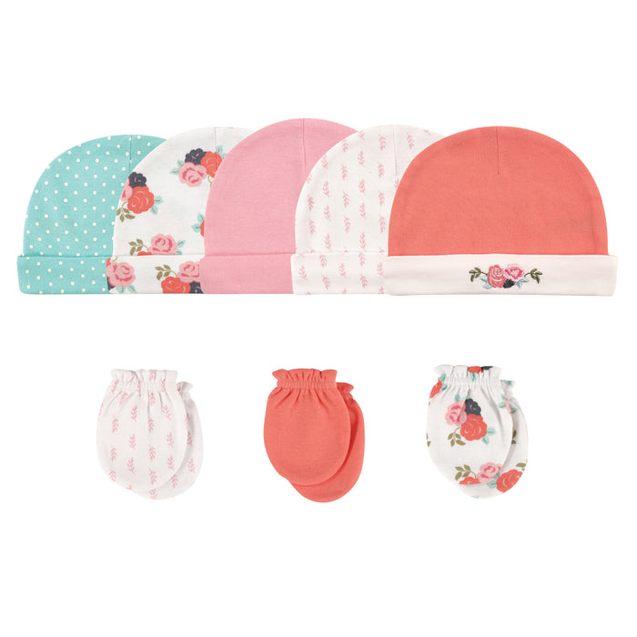 Hudson Baby Infant Girl Cotton Cap and Scratch Mitten 8 Piece Set, Floral, 0-6 Months