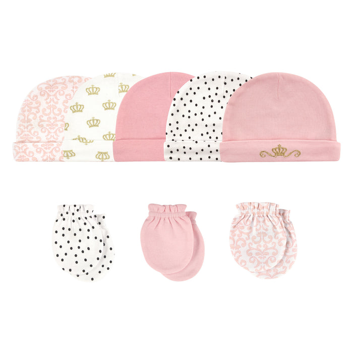 Hudson Baby Infant Girl Cotton Cap and Scratch Mitten 8 Piece Set, Crown, 0-6 Months