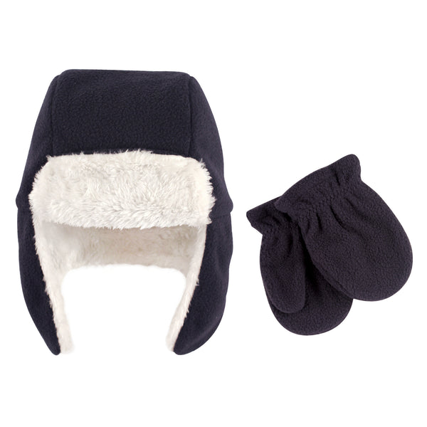 Hudson Baby Infant Boy Fleece Trapper Hat and Mitten 2 Piece Set, Navy