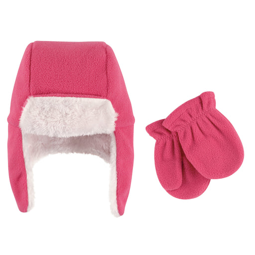 Hudson Baby Infant Girl Fleece Trapper Hat and Mitten 2 Piece Set, Dark Pink