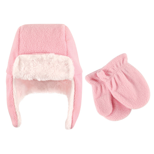 Hudson Baby Infant Girl Fleece Trapper Hat and Mitten 2 Piece Set, Light Pink