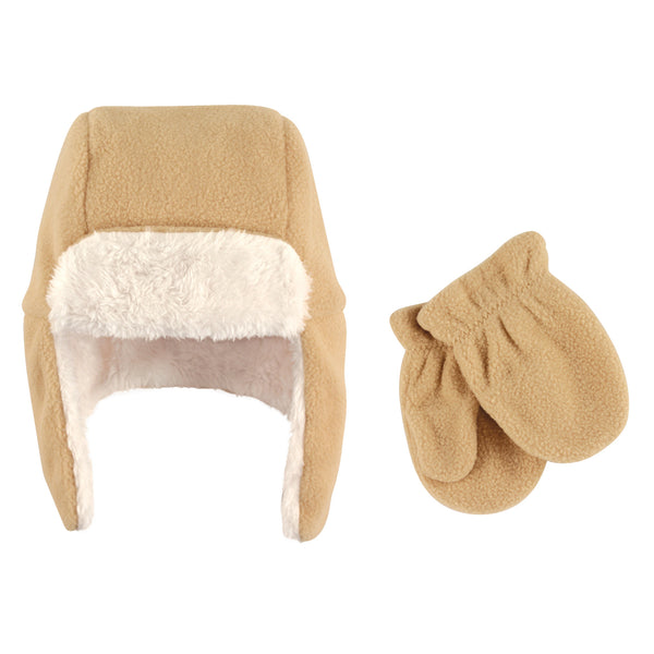 Hudson Baby Toddler Fleece Trapper Hat and Mitten 2 Piece Set, Tan