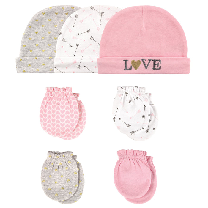 Hudson Baby Infant Girl Cotton Cap and Scratch Mitten 7 Piece Set, Love, 0-6 Months