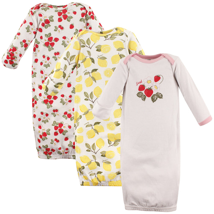 Hudson Baby Infant Girl Cotton Long-Sleeve Gowns 3 Pack, Strawberry Lemon 0-6 Months