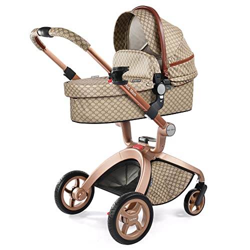 Hot Mom Baby Stroller Height-Adjustable Seat and Reclining Baby Carriage in Beige