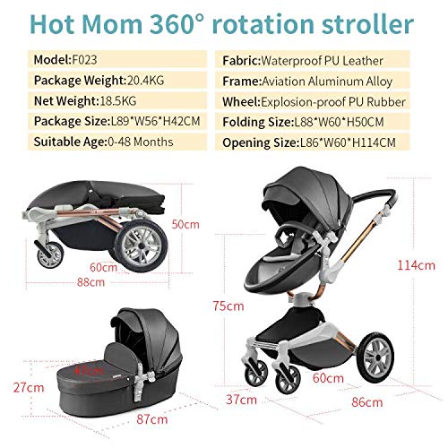Hot Mom Baby Stroller: Height-Adjustable Seat and Reclining Baby Carriage in Dark Gray