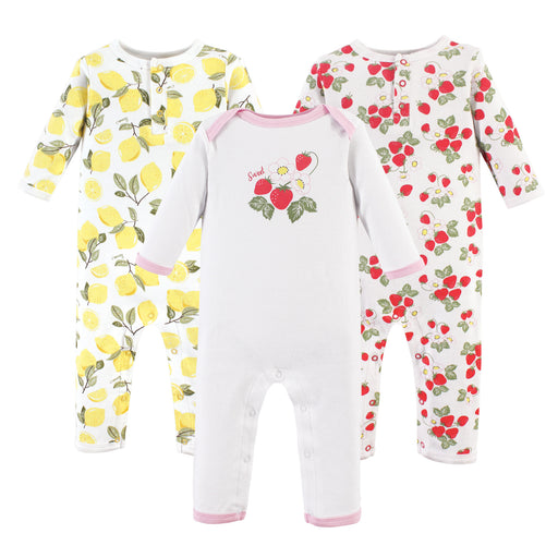Hudson Baby Infant Girl Cotton Coveralls 3 Pack, Strawberry Lemon