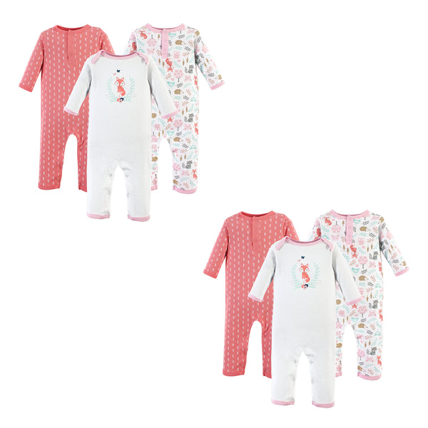 Hudson Baby Infant Girl Cotton Coveralls, Woodland Fox 6-Piece