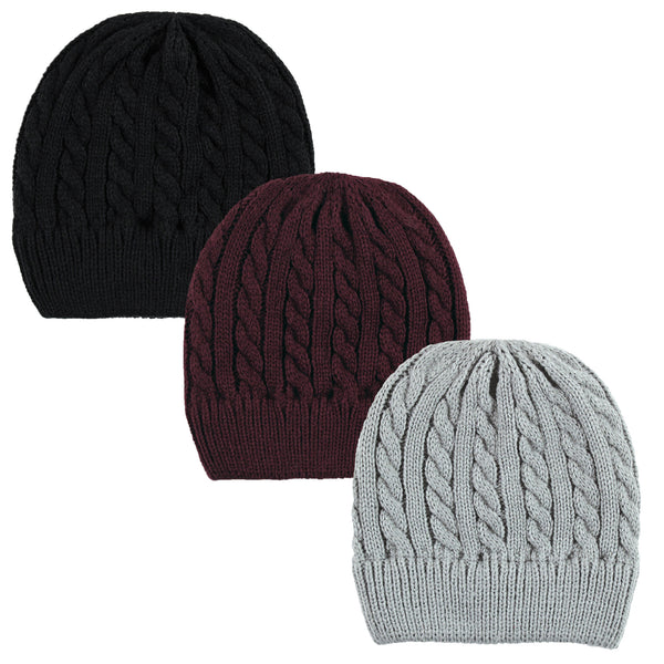 Hudson Baby Family Knitted Caps 3 Pack, Black Burgundy