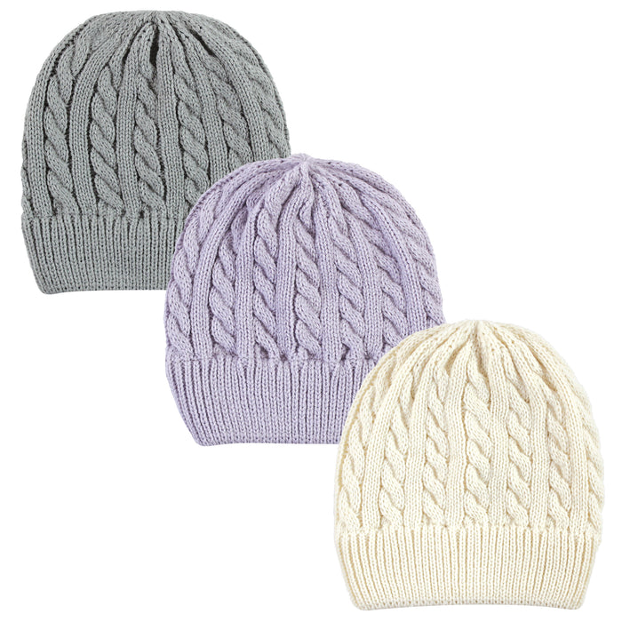 Hudson Baby Infant Girl Knit Cuffed Beanie 3 Pack, Lilac Cream