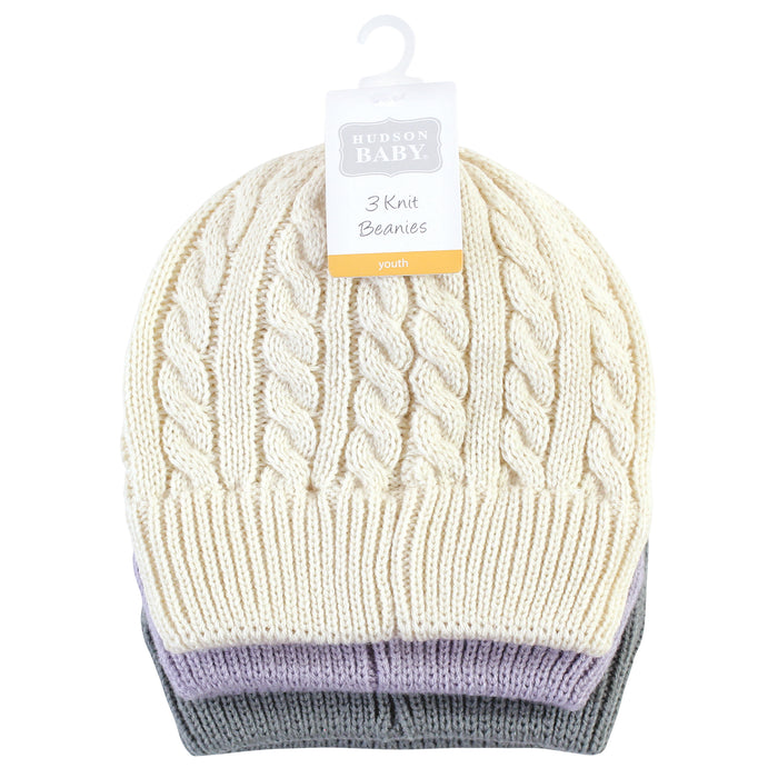 Hudson Baby Infant Girl Knit Cuffed Beanie 3 Pack, Lilac Cream