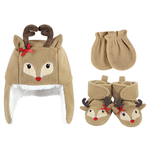 Hudson Baby Infant Girl Trapper Hat, Mitten and Bootie Set, Girl Reindeer