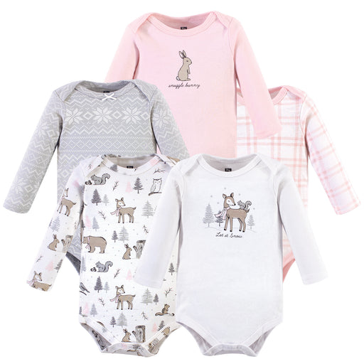 Hudson Baby Infant Girl Cotton Long-Sleeve Bodysuits 5-pack, Winter Forest
