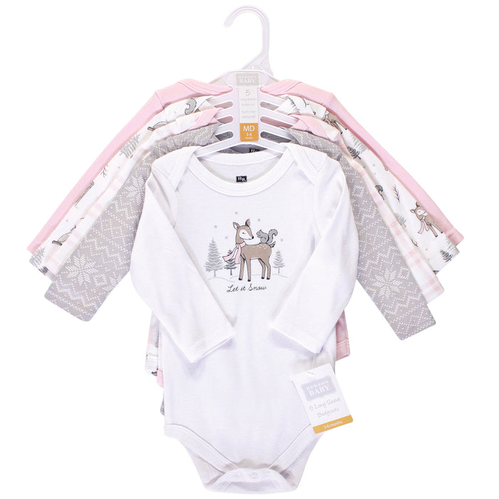 Hudson Baby Infant Girl Cotton Long-Sleeve Bodysuits 5-pack, Winter Forest