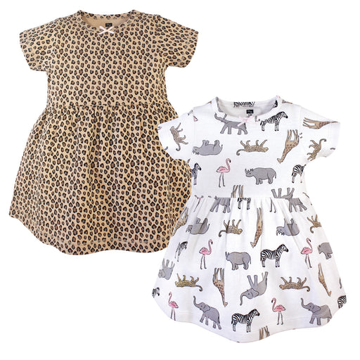 Hudson Baby Girls Cotton Short-Sleeve Dresses 2 Pack, Modern Pink Safari