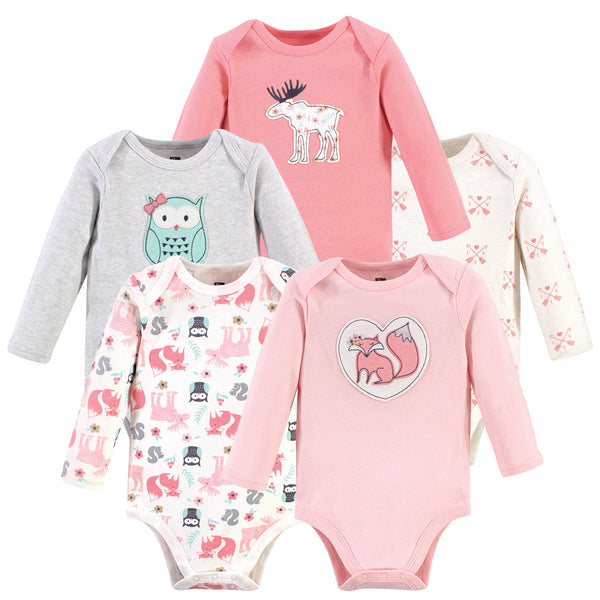 Hudson Baby Infant Girl Cotton Long-Sleeve Bodysuits 5-pack, Pink Forest