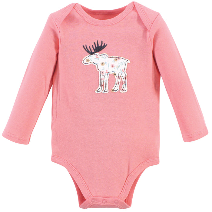 Hudson Baby Infant Girl Cotton Long-Sleeve Bodysuits 5-pack, Pink Forest