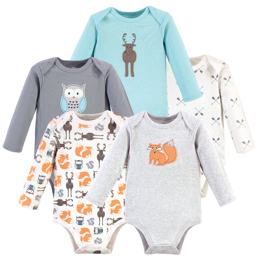 Hudson Baby 5-Pack Cotton Long-Sleeve Bodysuits, Gray Forest