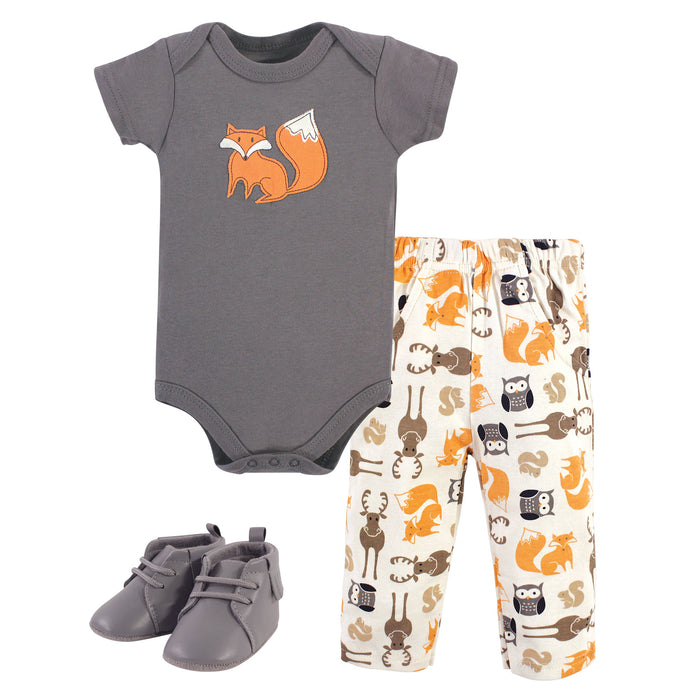 Hudson Baby Infant Boy Cotton Bodysuit, Pant and Shoe 3 Piece Set, Boy Forest