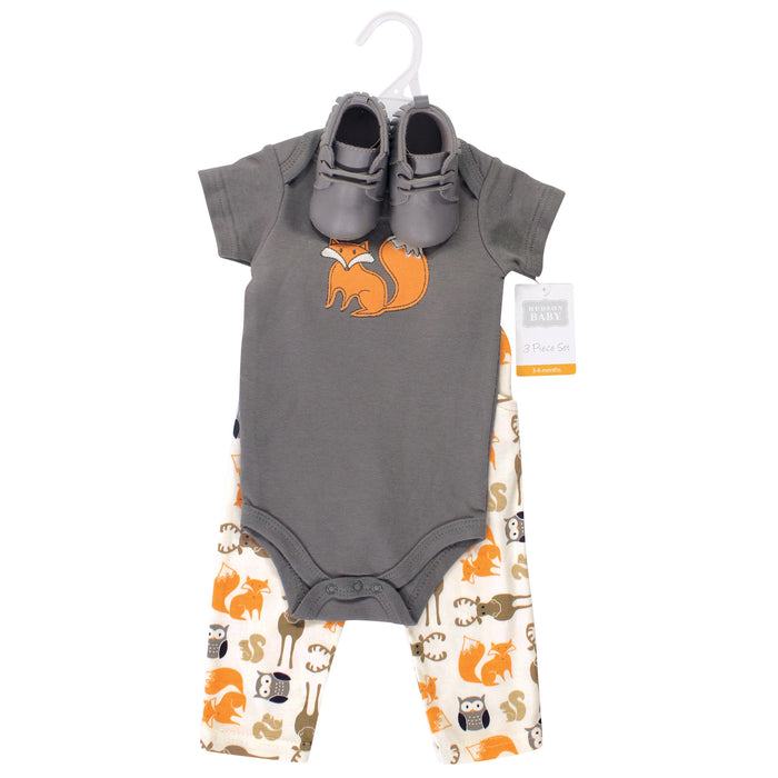 Hudson Baby Infant Boy Cotton Bodysuit, Pant and Shoe 3 Piece Set, Boy Forest