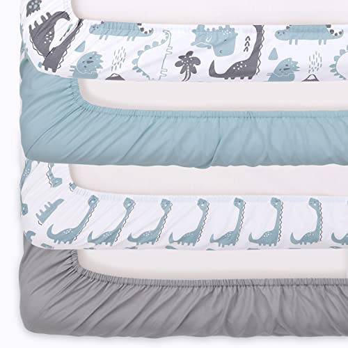 The Peanutshell Dino 4-Pack Crib Fitted Sheet Set in Blue/Grey/White