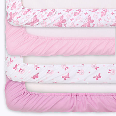 The Peanutshell Pink Butterfly 4-Pack Crib Fitted Sheet Set in Pink/White