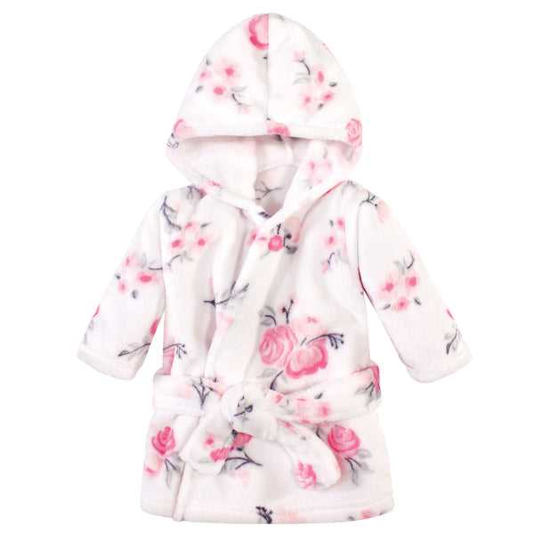 Hudson Baby Infant Girl Plush Animal Face Bathrobe, Pink Floral, 0-9 Months