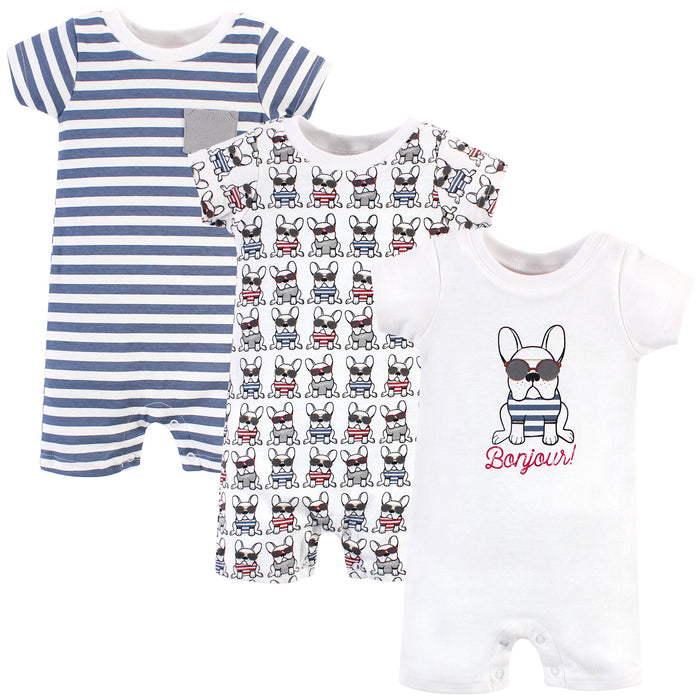 Hudson Baby Infant Boy Cotton Rompers 3 Pack, French Dog