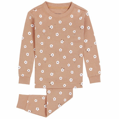 Petit Lem Baby Top + Pant Knit PJ Set Light Pink Flowers