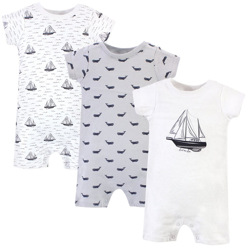 Hudson Baby Infant Boy Cotton Rompers 3 Pack, Sail The Sea