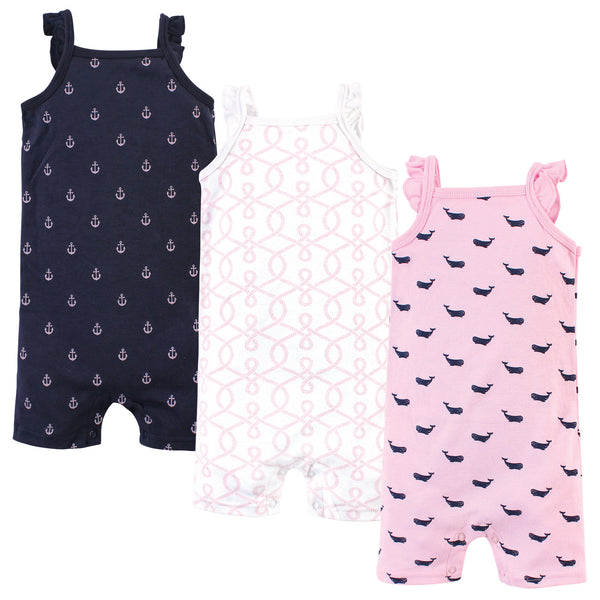 Hudson Baby Infant Girl Cotton Rompers 3 Pack, Pink Whale