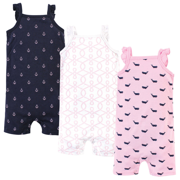 Hudson Baby Infant Girl Cotton Rompers 3 Pack, Pink Whale