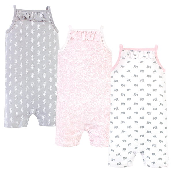 Hudson Baby Infant Girl Cotton Rompers 3 Pack, Elephant