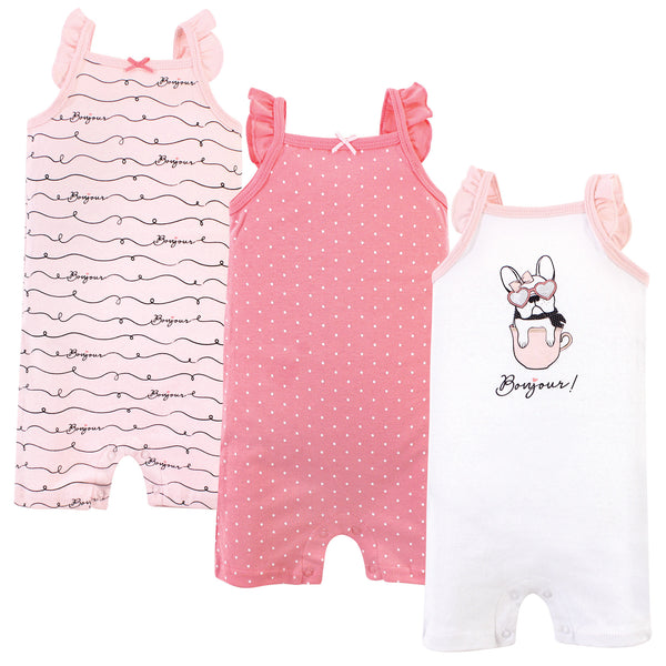 Hudson Baby Infant Girl Cotton Rompers 3 Pack, Bonjour