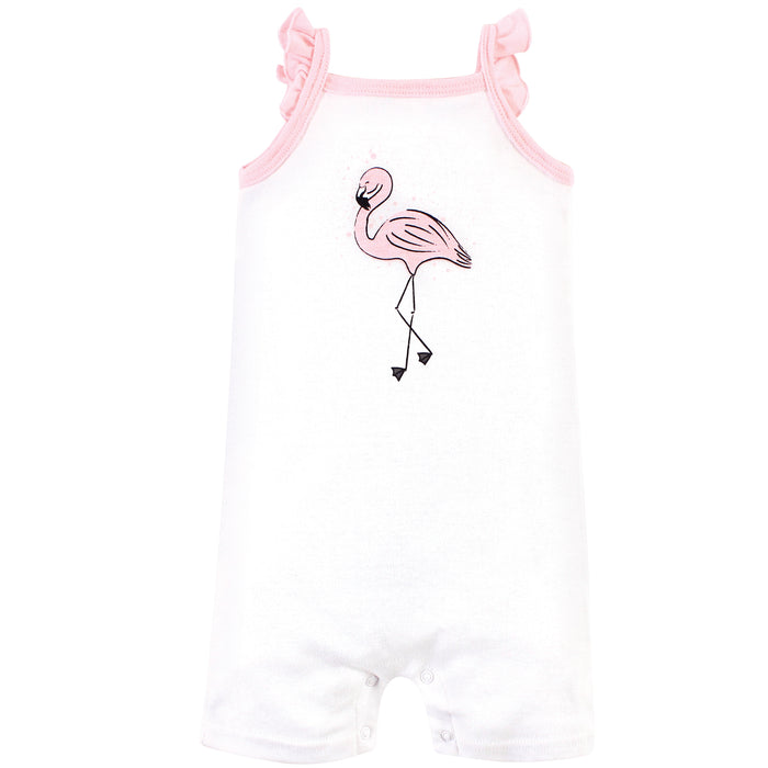 Hudson Baby Infant Girl Cotton Rompers 3 Pack, Painted Flamingo