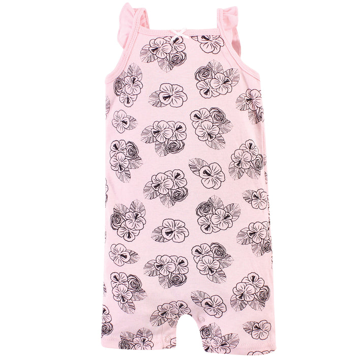 Hudson Baby Infant Girl Cotton Rompers 3 Pack, Painted Flamingo