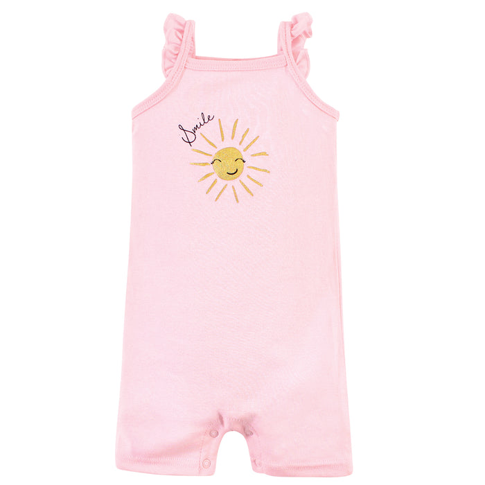 Hudson Baby Infant Girl Cotton Rompers 3 Pack, Smile Sunshine