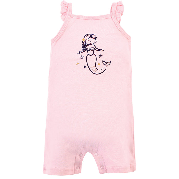 Hudson Baby Infant Girl Cotton Rompers 3 Pack, Pink Mermaid