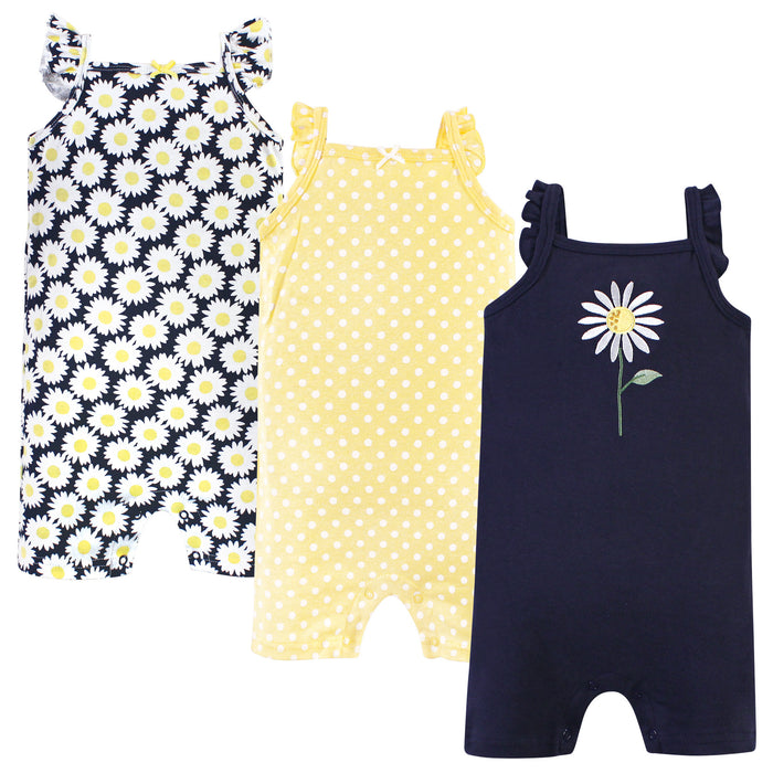 Hudson Baby Infant Girl Cotton Rompers 3 Pack, Daisy
