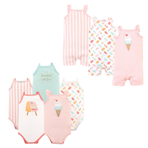 Hudson Baby Infant Girl Cotton Bodysuits and Rompers, 8-Piece, Ice Cream
