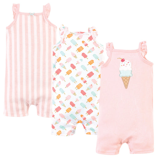 Hudson Baby Infant Girl Cotton Rompers 3 Pack, Ice Cream