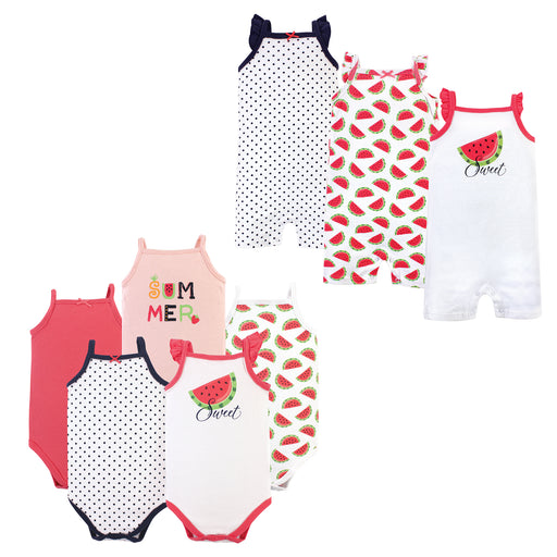 Hudson Baby Infant Girl Cotton Bodysuits and Rompers, 8-Piece, Watermelon