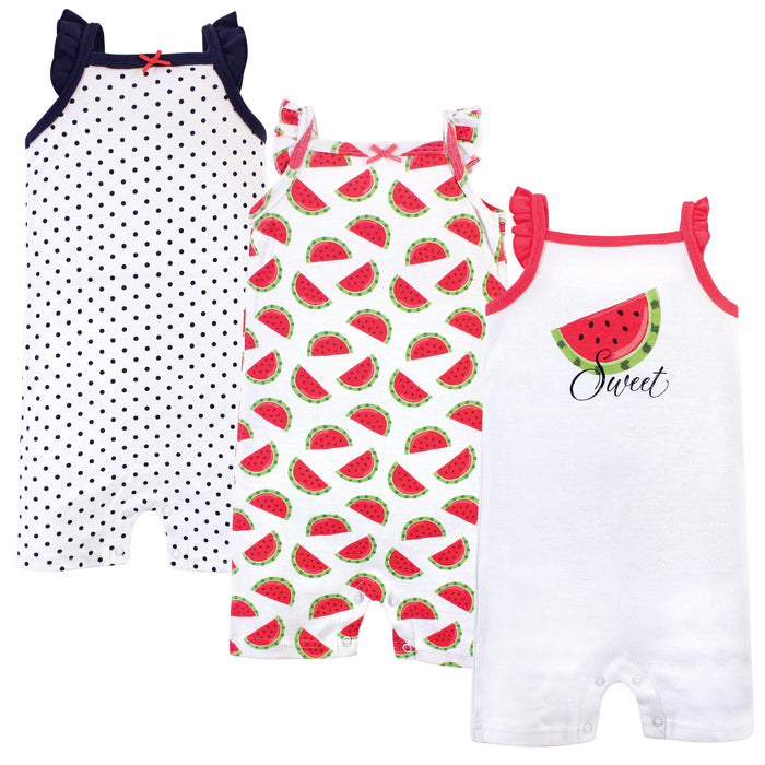 Hudson Baby Infant Girl Cotton Rompers 3 Pack, Watermelon
