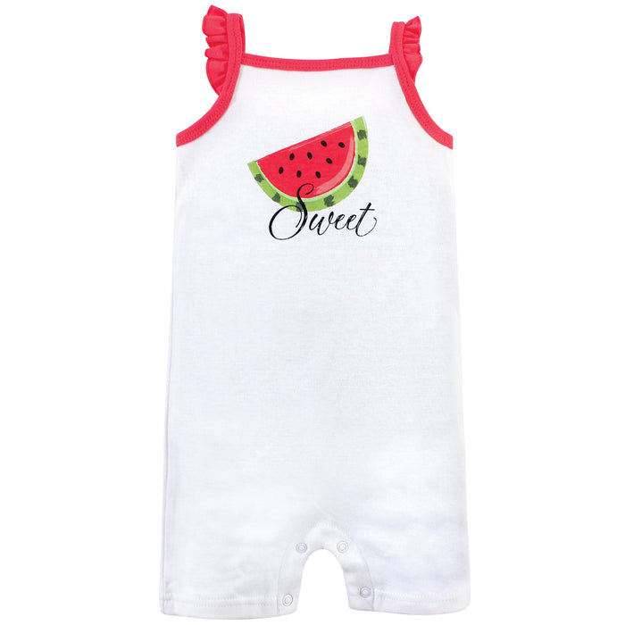 Hudson Baby Infant Girl Cotton Rompers 3 Pack, Watermelon