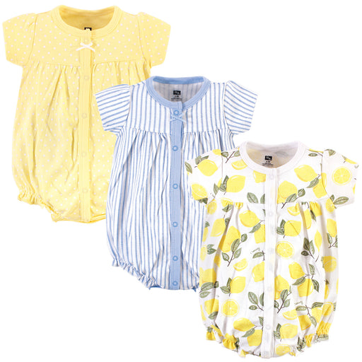 Hudson Baby Infant Girl Cotton Rompers 3 Pack, Lemon