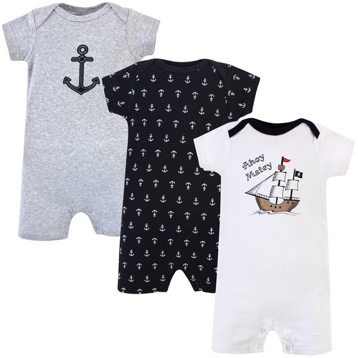 Hudson Baby Infant Boy Cotton Rompers 3 Pack, Pirate Ship